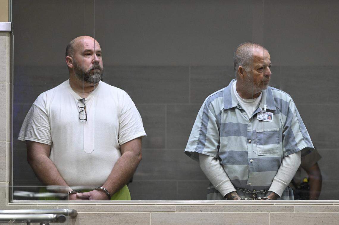 Defendants Douglas Tollefsen, right, and Sam Machado appear in Yolo Superior Court in Woodland on Thursday, April 16, 2026, for their arraignment. Tollefsen, operations manager of Devastating Pyrotechnics and Machado, a former Yolo County sheriff’s deputy, face seven counts of murder and other charges in connection with the Esparto fireworks explosion. 