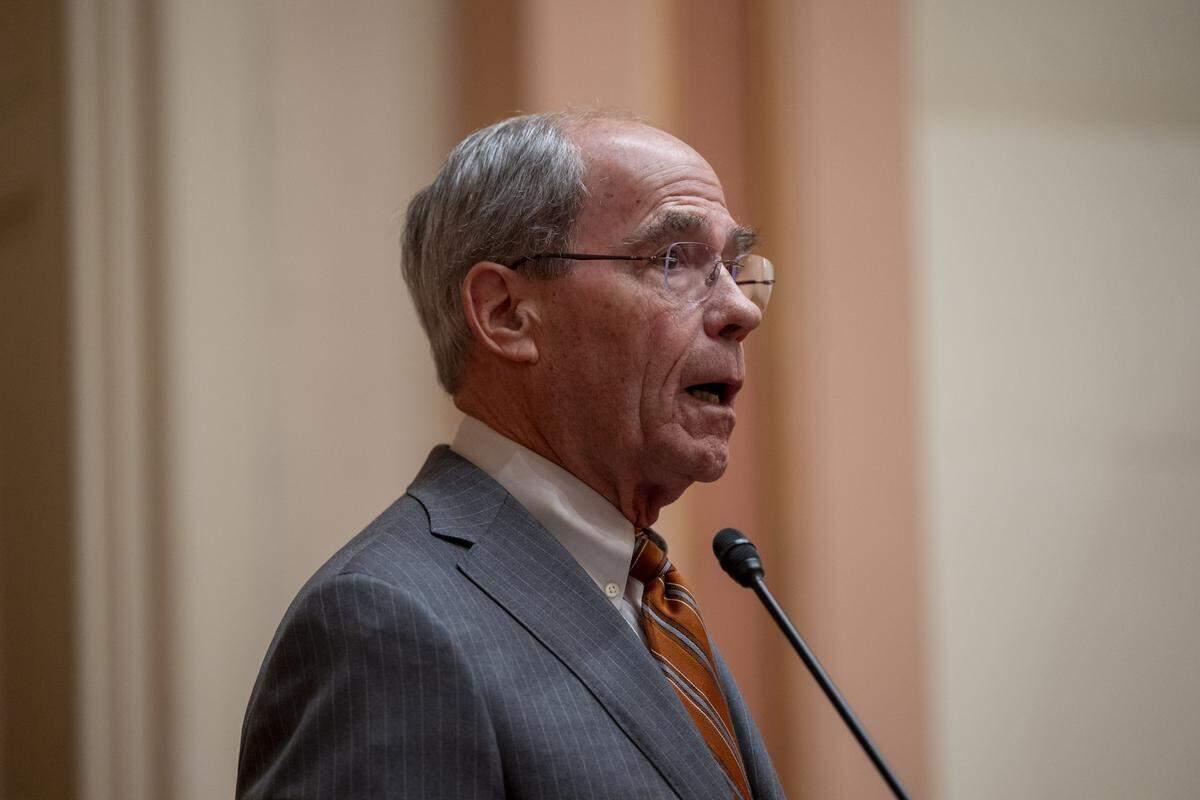 State Sen. Roger Niello, R-Fair Oaks, delivers remarks during a debate at the Capitol on June 13, 2025.