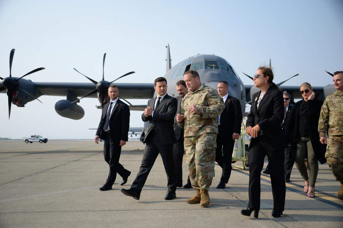 U.S. Army Maj. Gen. David Baldwin, adjutant general of the California National Guard, talks with Volodymyr Zelenskyy, president of Ukraine, and California Lt. Gov. Eleni Kounalakis, during their visit to the California Air National Guard’s 129th Rescue Wing at Moffett Air National Guard Base, in California in September.