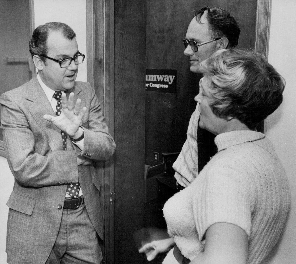 Norman Shumway talks with assistant campaign chairman Adelle Barrette and her husband Phil on Nov. 8, 1978, day after being elected to Congress.