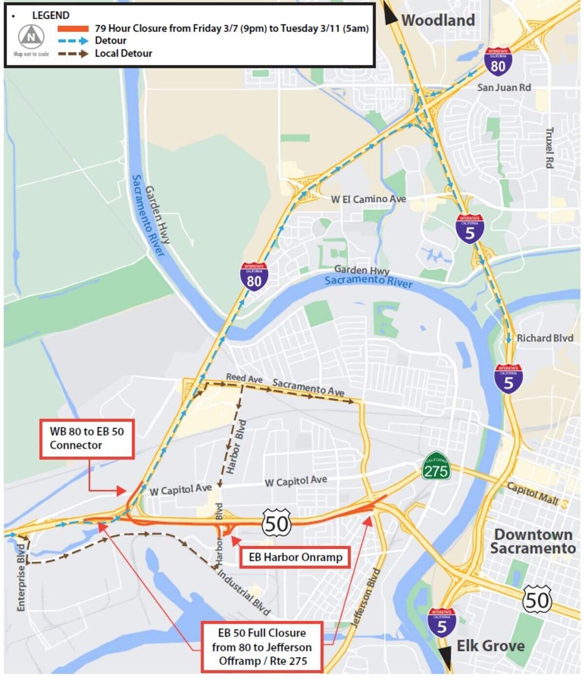 Caltrans is closing eastbound Highway 50 in West Sacramento for construction from Friday, March 7 through Tuesday, March 11.
