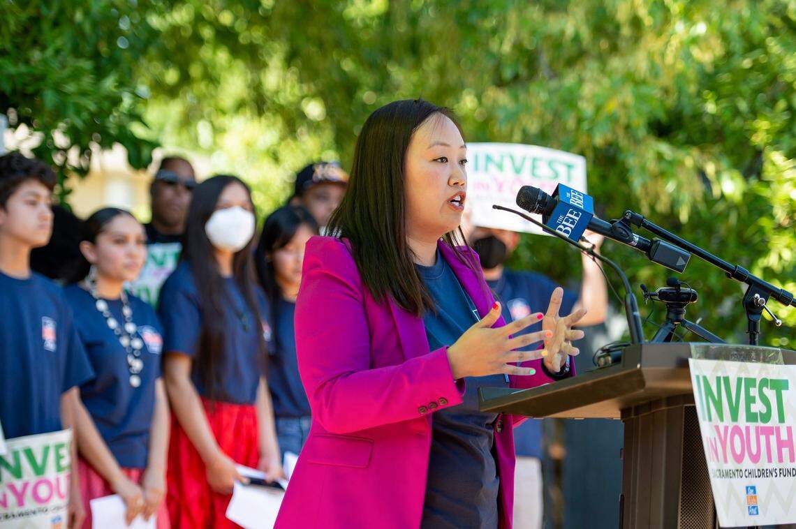 Councilmember Mai Vang speaks at a 2022 press conference for Sac Kids First at Mack Road Valley Hi Community Center in Sacramento. She is challenging Rep. Doris Matsui in the 7th Congressional District.