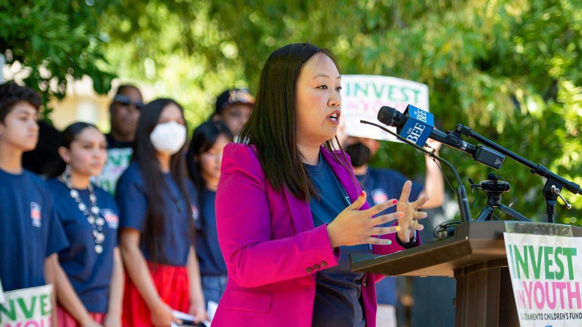 Sacramento City Councilmember Mai Vang speaks at the press conference for Sac Kids First in 2022 at Mack Road Valley Hi Community Center.