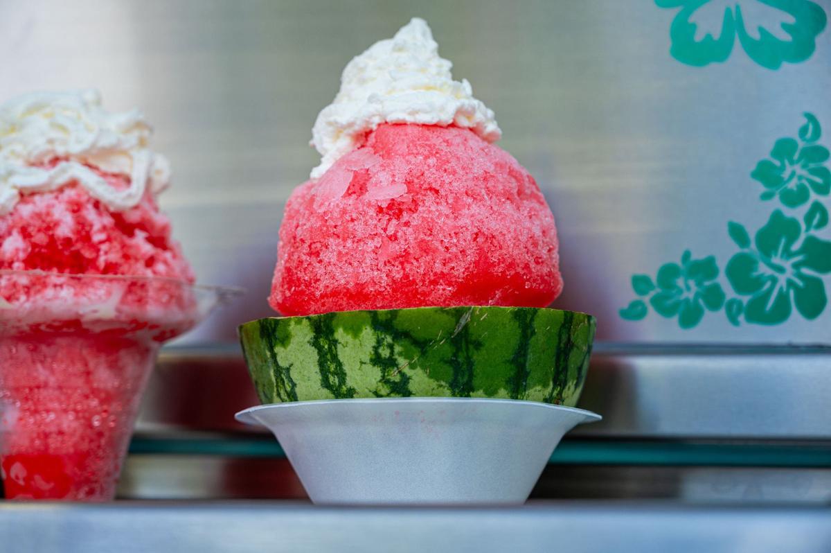 Watermelon shaved ice is available at Ohana Hawaiian Shaved Ice in the California State Fair.