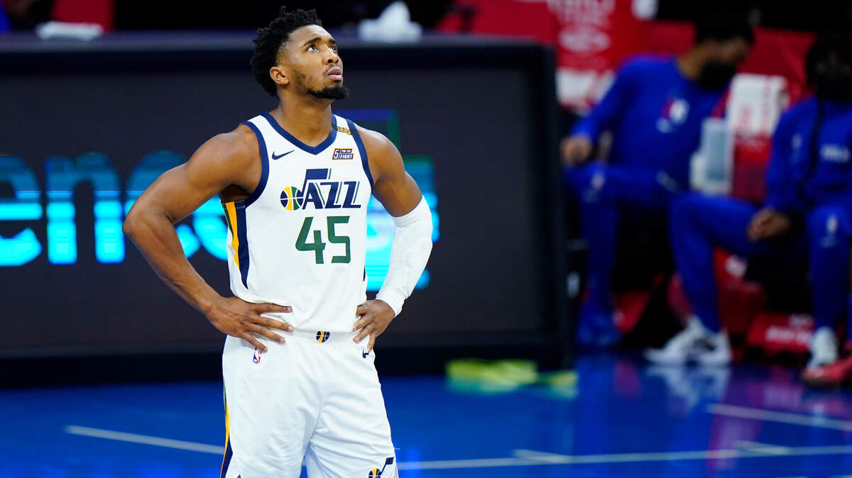 Utah Jazz’s Donovan Mitchell plays during an NBA basketball game against the Philadelphia 76ers, Wednesday, March 3, 2021, in Philadelphia. (AP Photo/Matt Slocum)