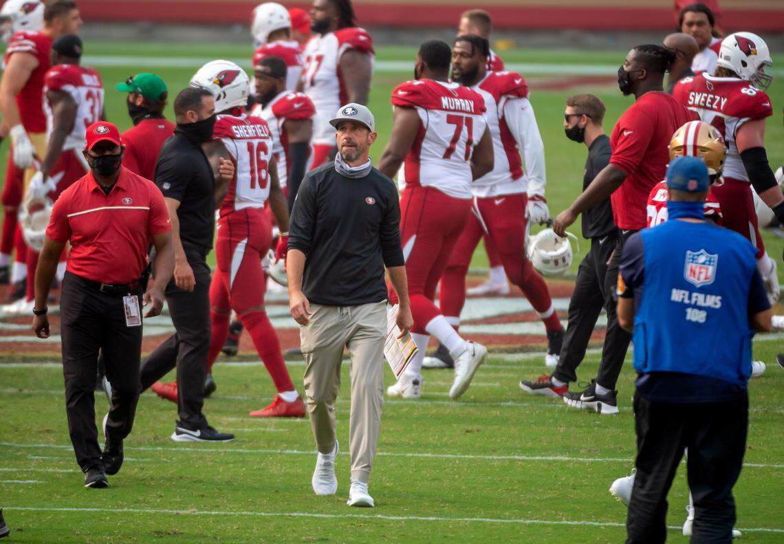 San Francisco 49ers head coach Kyle Shanahan walks off the field after a 24-20 loss to the Arizona Cardinals during the season opening NFL game at Levi’s Stadium on Sunday, Sept. 13, 2020 in Santa Clara.
