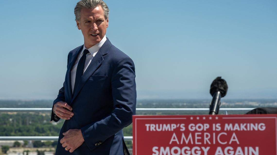 Gov. Gavin Newsom arrives at a press conference on the roof of the CalEPA Headquarters building in Sacramento on Thursday, May 22, 2025, to respond to the U.S. Senate vote to revoke California’s vehicle emissions waiver and undo its ban on gasoline-powered cars by 2035.