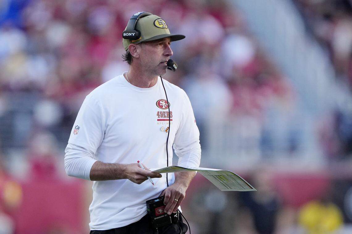 SANTA CLARA, CALIFORNIA - NOVEMBER 09: Kyle Shanahan of the San Francisco 49ers looks on in the second quarter of a game against the Los Angeles Rams at Levi's Stadium on November 09, 2025 in Santa Clara, California. (Photo by Thearon W. Henderson/Getty Images)