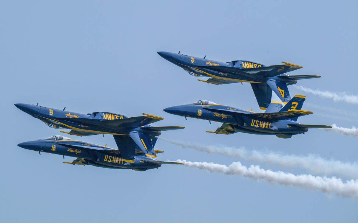 U.S. Navy Blue Angels F/A-18 Hornets fly in close formation at the California Capital Airshow at Mather Airport on Saturday, March 22, 2025. 