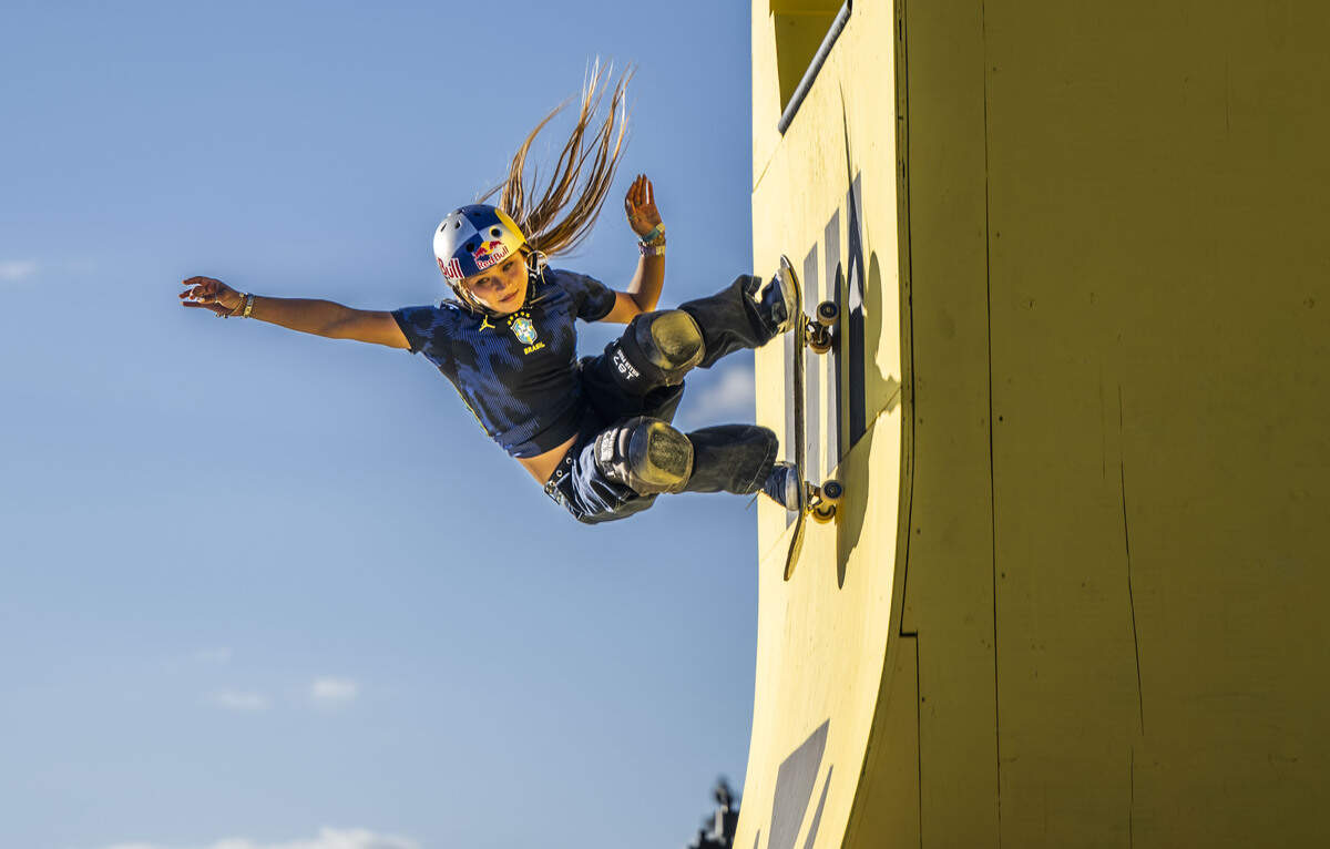 Sky Brown an Olympic medalist rides on a Tour Bridge ramp as she competes in the Women Skateboard Park during the MoonPay X Games on Friday, June 26, 2026.