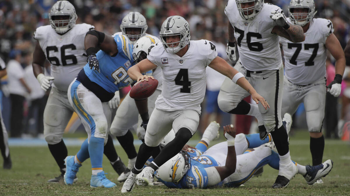 Oakland Raiders quarterback Derek Carr runs with the ball during an NFL football game against the Los Angeles Chargers Sunday, Oct. 7, 2018, in Carson, Calif.