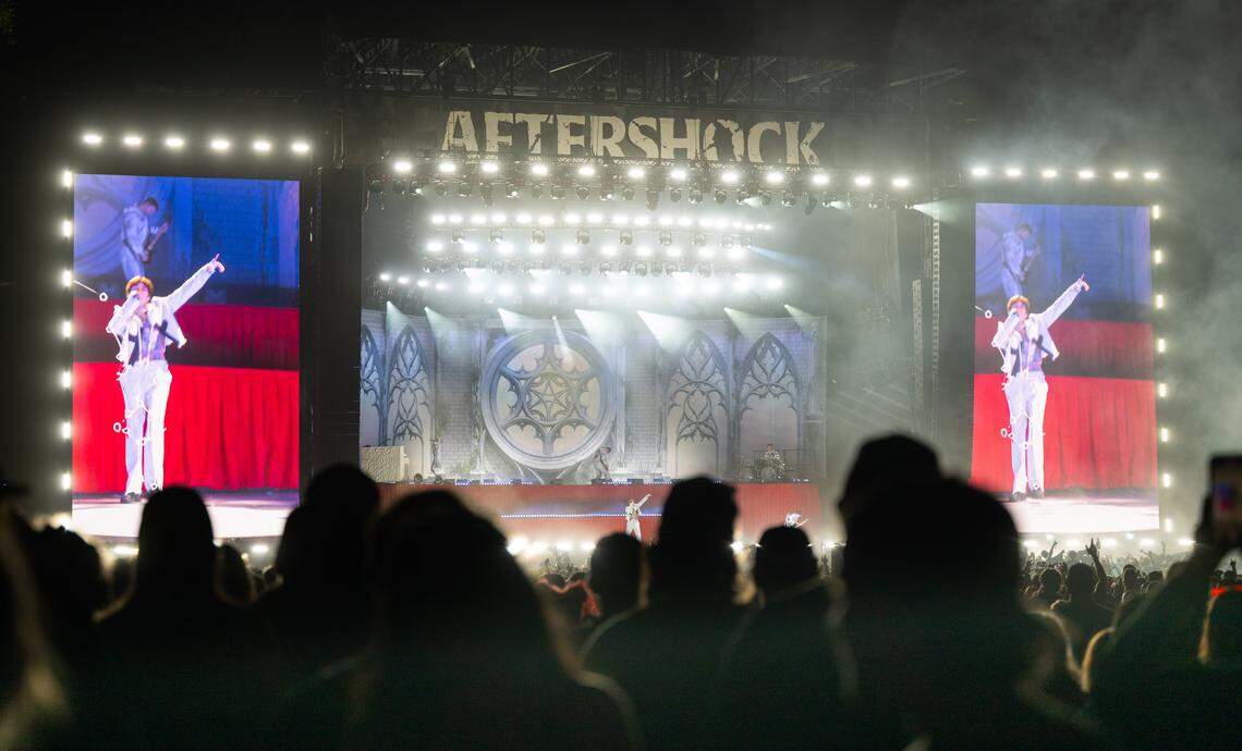 Oli Sykes of British rock band Bring Me The Horizon  performs during the Aftershock festival on Sunday, Oct. 5, 2025, in Sacramento’s Discovery Park.