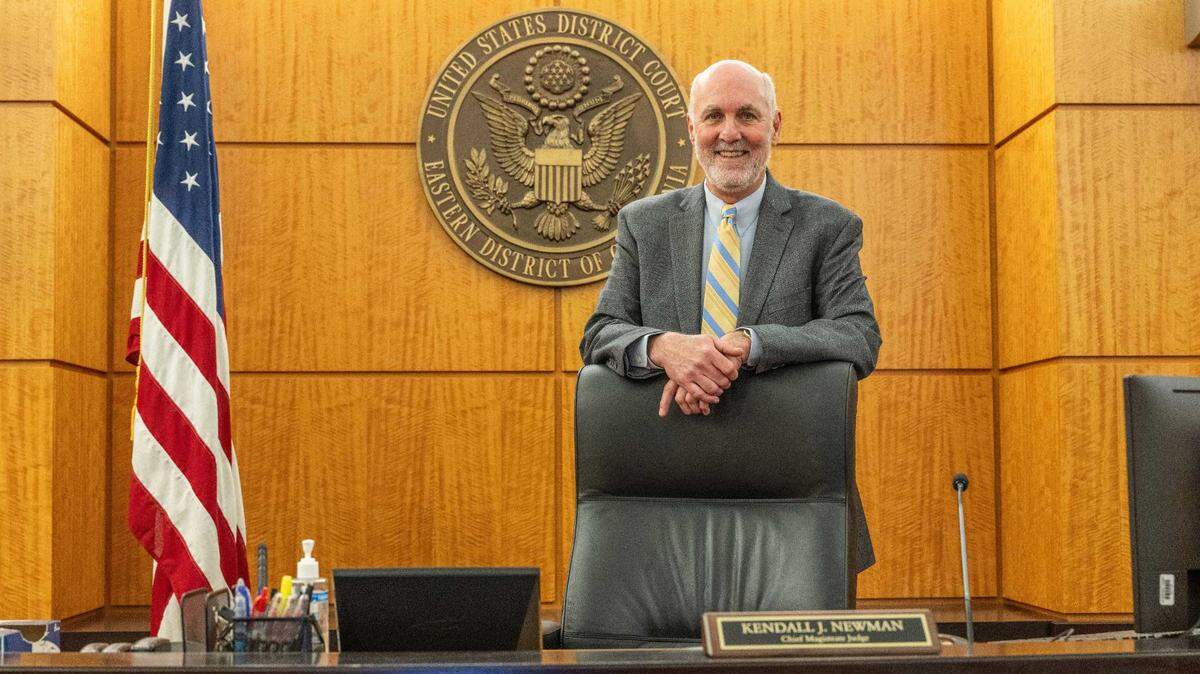 Chief U.S. Magistrate Judge Kendall J. Newman stands in his courtroom at the Robert T. Matsui United States Courthouse on Tuesday, Jan. 23, 2024. Newman is retiring after 14 years on the bench following 15 years as an assistant U.S. attorney.