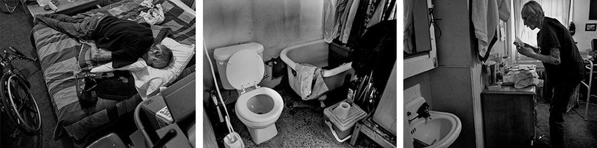 Left: Terry Sackrider collapses on his bed in the Hotel Marshall after taking medication for stomach pain. Middle: Sackrider took pride in keeping his bathroom neat. With space tight, he hung clothing in the bathroom. Right: Sackrider takes medications for a variety of ailments.
