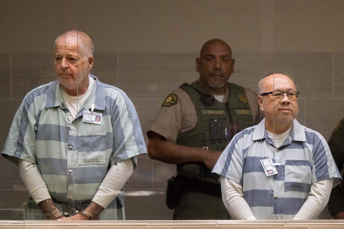 Douglas Tollefsen and Jack Ying Lee, operations manager of Devastating Pyrotechnics, appear in Yolo County Superior Court in Woodland, on Monday, April 13, 2026. Their arraignment on seven counts of murder and other charges related to the Esparto fireworks explosion was delayed until Thursday.