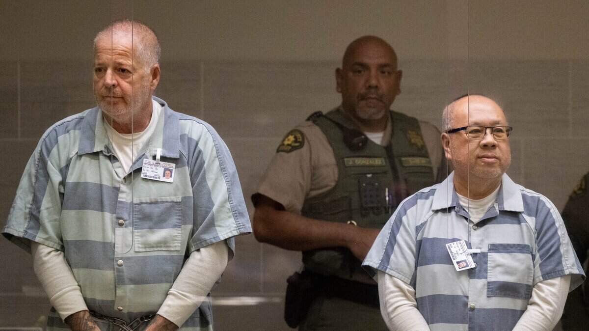 Douglas Tollefsen and Jack Ying Lee, operations manager of Devastating Pyrotechnics, appear in Yolo Superior Court in Woodland on April 13, 2026. On Thursday, a judge denied bail for Tollefsen and ruled Lee was ineligible for a court-appointed attorney after determining he inherited property worth more than $1 million.