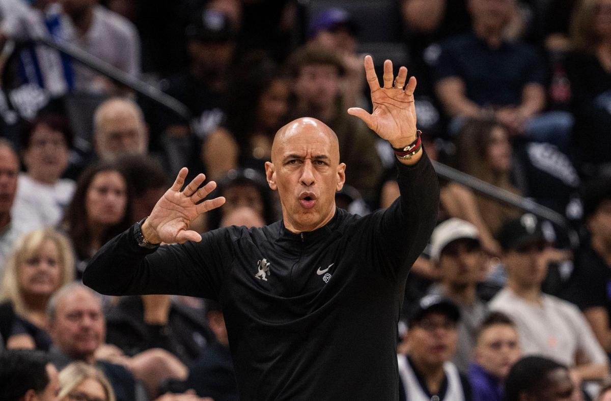 Sacramento Kings interim head coach Doug Christie calls a play during an NBA game against the Phoenix Suns at Golden 1 Center on Sunday, April 13, 2025.