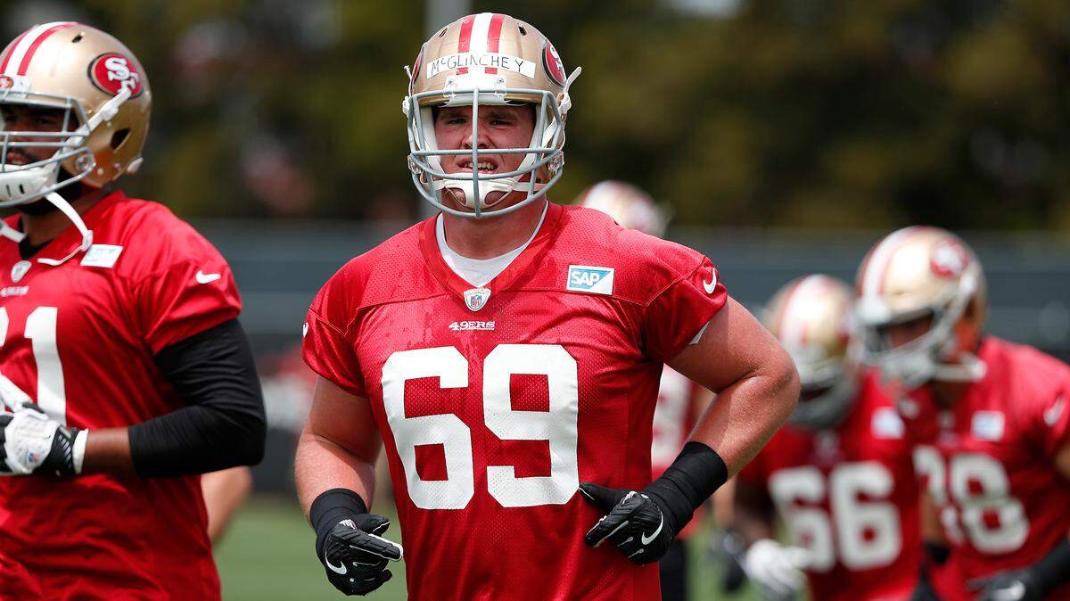 San Francisco 49ers offensive tackle Mike McGlinchey (69) runs during practice at the NFL football team’s training camp in Santa Clara, Calif., on Tuesday, May 22, 2018.