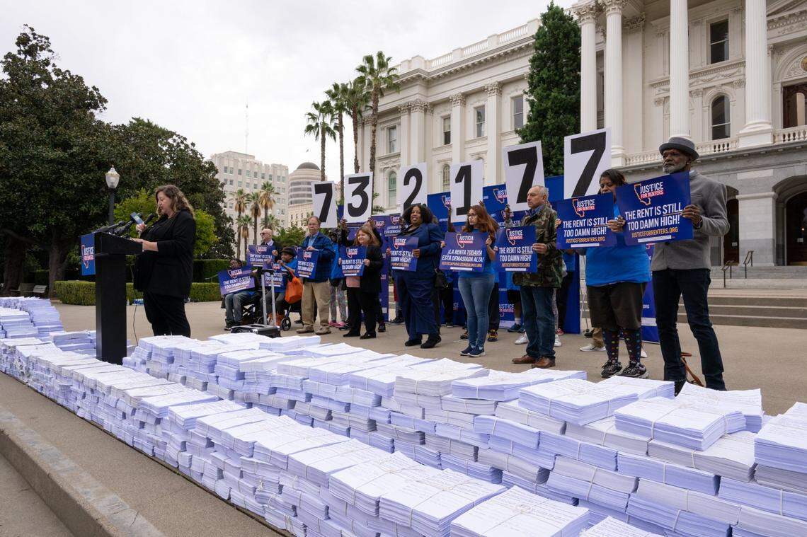 Susan Shannon, policy director of Housing is a Human Right, addresses the media on Wednesday, Oct. 25, 2023, as a coalition of California renters, advocates and social justice organizations displays the 732,000 signed letters in support of the Justice for Renters Act ballot measure at the state Capitol in Sacramento. The ballot measure would replace California’s statewide rent control law and give local communities the ability to regulate rents.