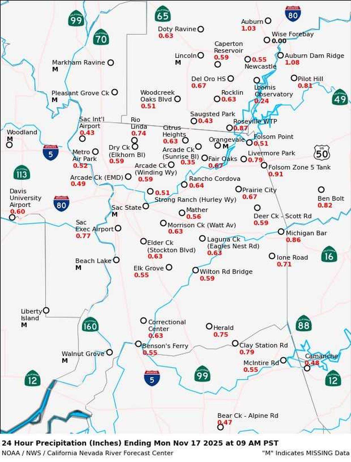 Selected rainfall totals in the Sacramento region for the 24 hours ending at 9 a.m. Monday, Nov. 17, 2025.
