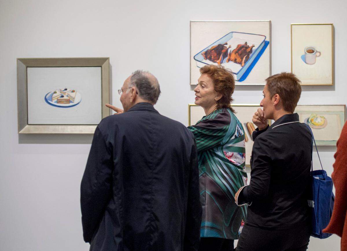 Jan Shrem, Maria Manetti Shrem and Ludovica de Ambrogi look over the paintings of artist Wayne Thiebaud at the Jan Shrem and Maria Manetti Shrem Museum of Art before its opening to the public on the UC Davis campus on Nov. 10, 2016. 