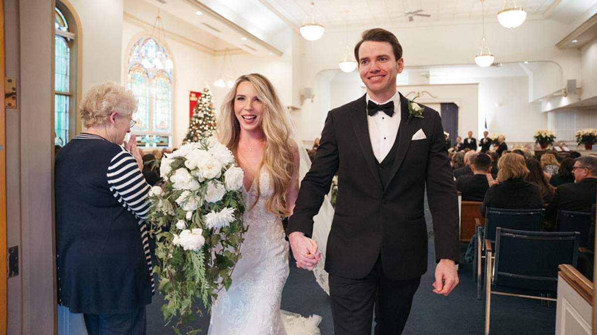 Rep. Kevin Kiley, R-Rocklin, and Chelsee Gardner walk down the aisle at Pioneer Church in Auburn at their wedding on Dec. 30, 2023.