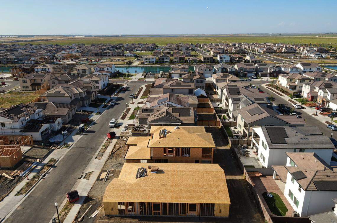 New construction, finished homes and models in the Northlake planned community, located near Sacramento International Airport in the far northwest tip of the city, are seen by drone Friday, June 2, 2023.