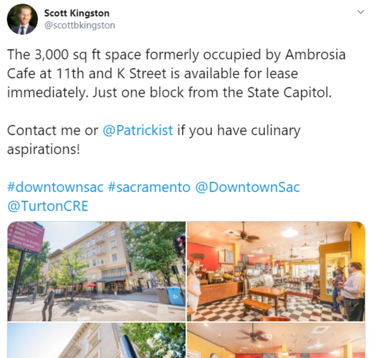 Turton Commercial Real Estate is looking for a tenant to fill Ambrosia Cafe’s vacancy at 1030 K St., according to this since-deleted tweet.