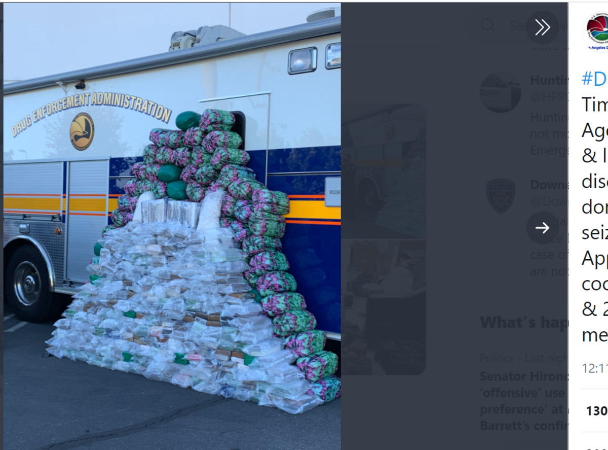 The DEA made a record-setting drug bust after a series of raids in Los Angeles, securing over 2,200 pounds of methamphetamine.