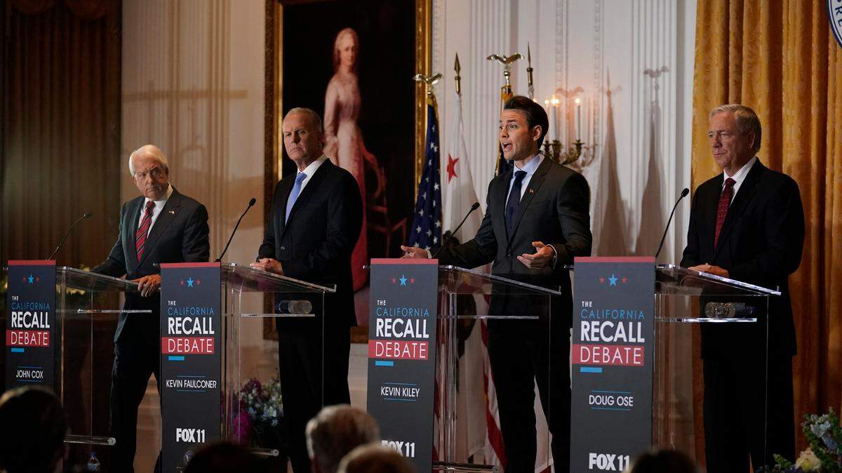 From left, Republican candidates for California Governor John Cox, Kevin Faulconer, Kevin Kiley and Doug Ose participate in a debate at the Richard Nixon Presidential Library Wednesday, Aug. 4, 2021, in Yorba Linda, Calif. California Gov. Gavin Newsom faces a Sept. 14 recall election that could remove him from office. (AP Photo/Marcio Jose Sanchez)