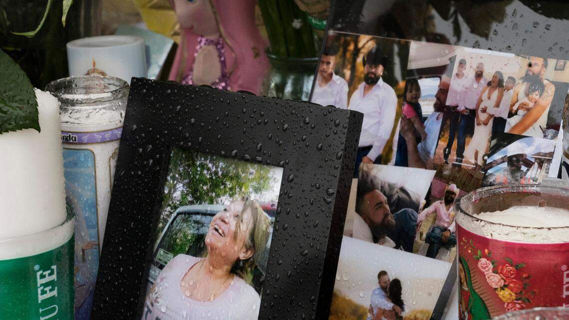 A photo of Joana Cruz, foreground, is seen at a makeshift memorial, Tuesday, May 11, 2021, in Colorado Springs, Colo. Cruz was the matriarch of the family in which six were shot to death early Mother’s Day morning. Authorities say the man who fatally shot six people at a birthday party before killing himself was upset after not being invited to the weekend gathering thrown by his girlfriend’s family. (Jerilee Bennett/The Gazette via AP)