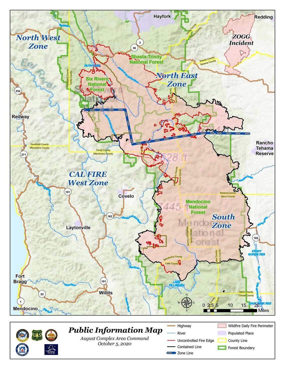 A map of the August Complex as of early Monday, October 5, 2020.