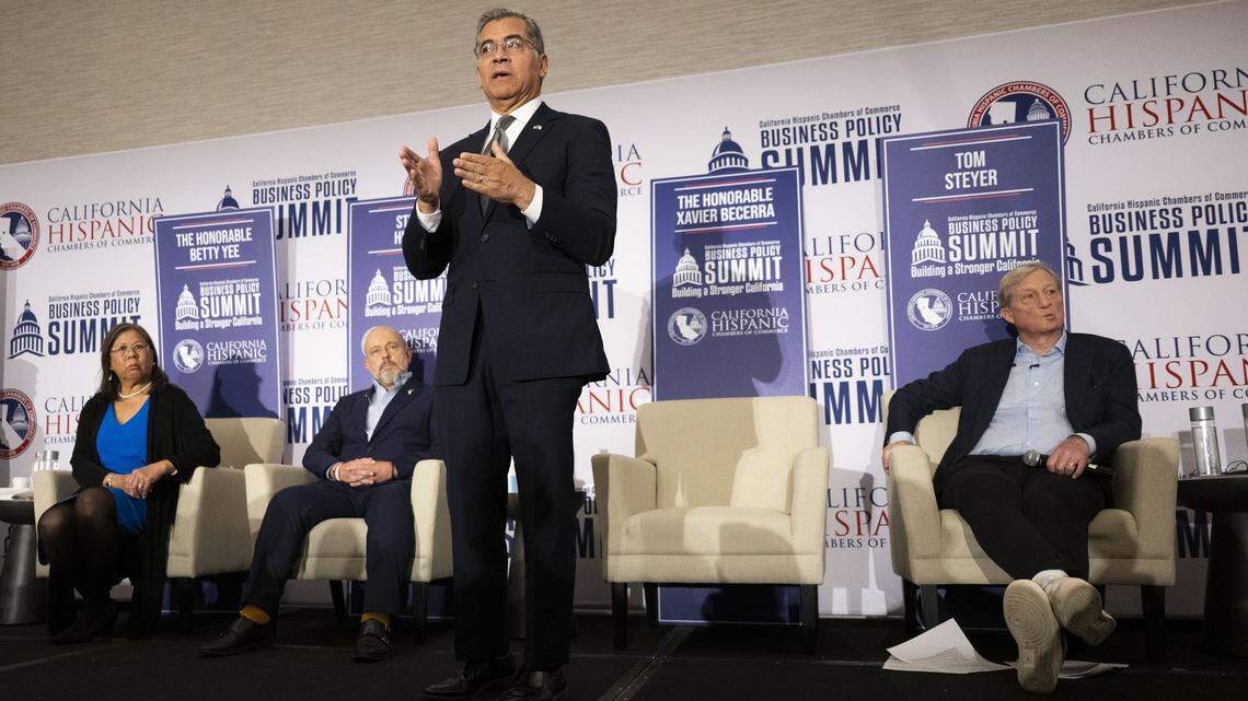 Xavier Becerra, a gubernatorial candidate, speaks during a forum by the California Hispanic Chambers of Commerce in Sacramento on Tuesday, April 14, 2026.