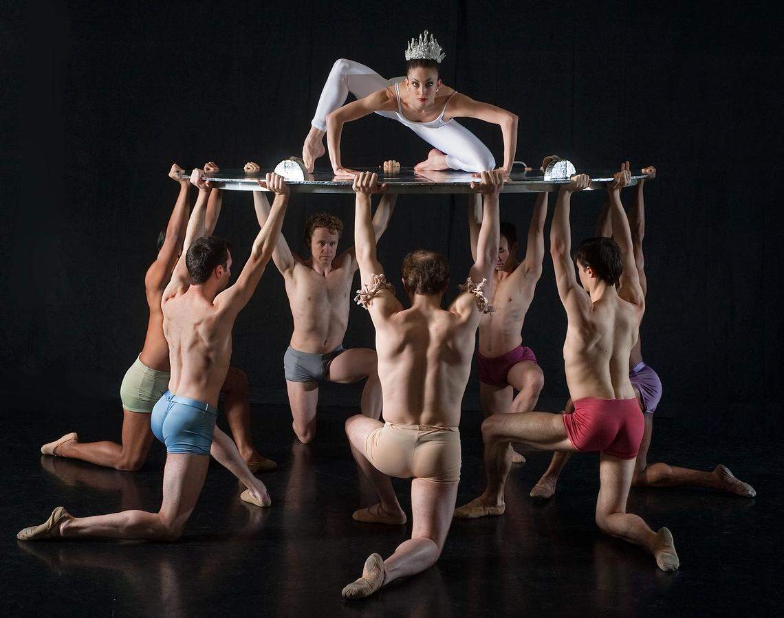 Amanda Peet, top, and other dancers in a scene from "Carmina Burana" at the Sacramento Ballet rehearsal studio in 2010.