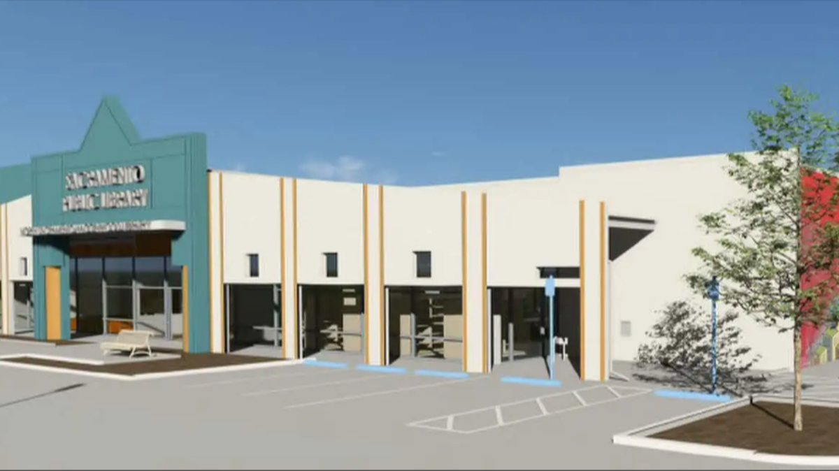 A rendering of the North Sacramento-Hagginwood library set to be fully built on 1124 Del Paso Blvd. The library will be completed by July 2027, according to city and library officials.