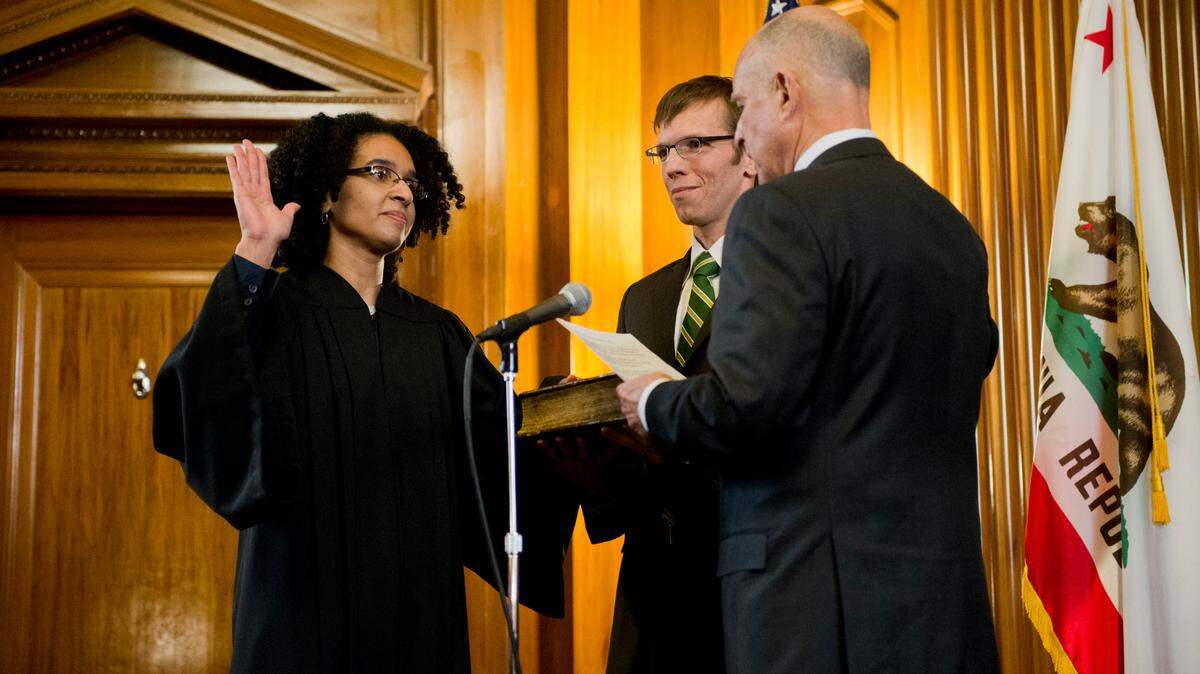 Leondra Kruger being sworn in as a California Supreme Court justice by Gov. Jerry Brown in 2015.
