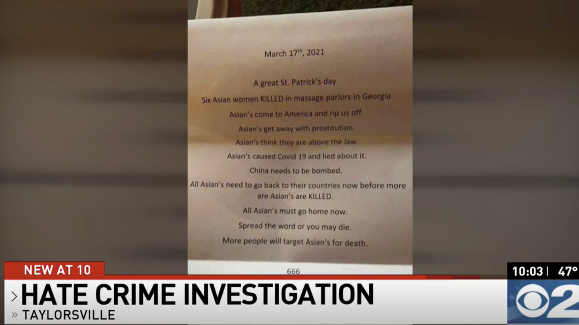 The Unified Police Department said a letter sent to a Taylorsville business tells Asians to “go home now” and celebrated the killings at Georgia spas.