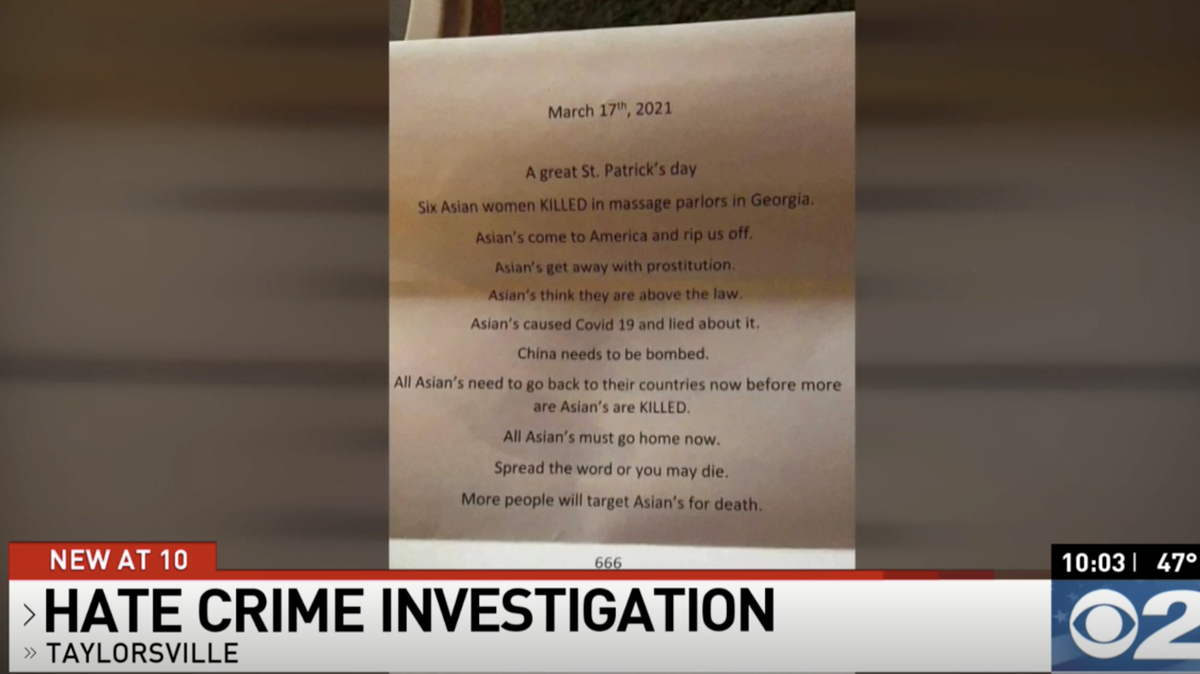 The Unified Police Department said a letter sent to a Taylorsville business tells Asians to “go home now” and celebrated the killings at Georgia spas.