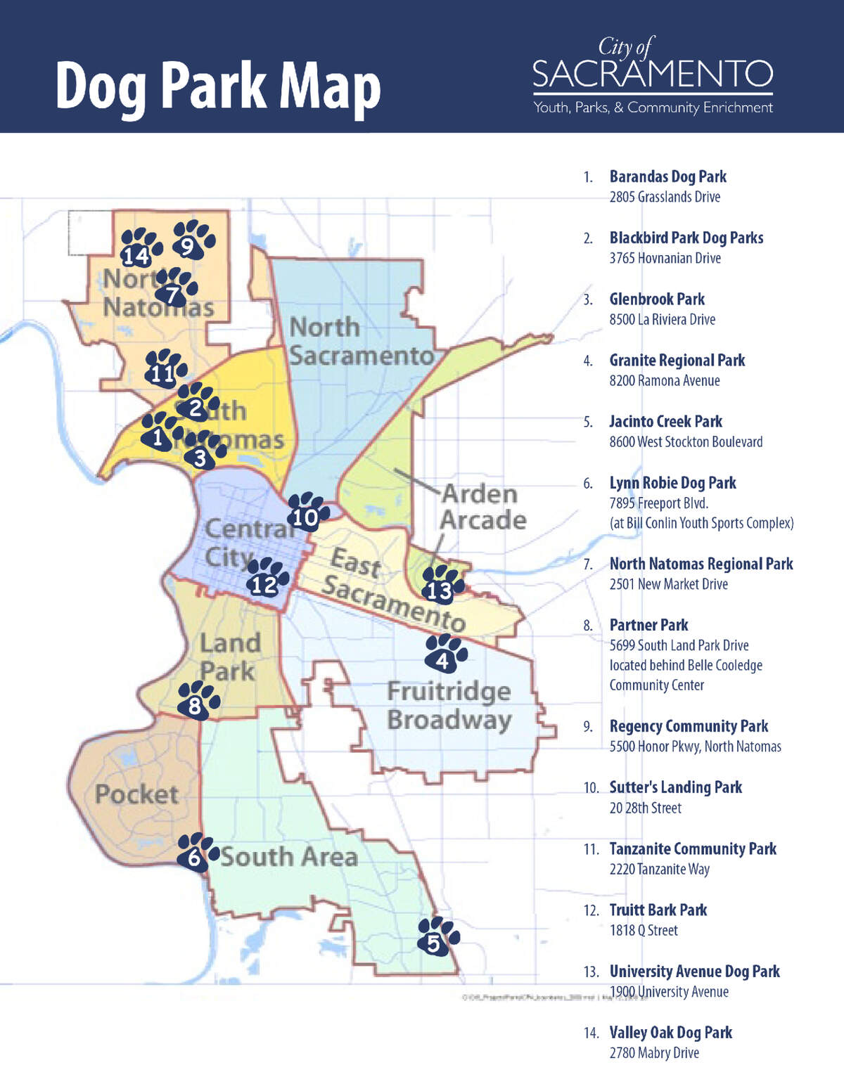 A map created by the city of Sacramento’s Department of Youth, Parks & Community Enrichment shows the locations of off-leash dog parks in the capital city.
