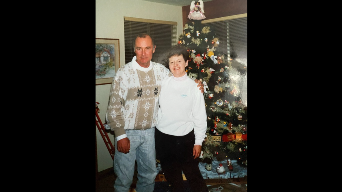 Bunny Stevens (right) with her brother, Pete (left) during the Christmas of 2001.