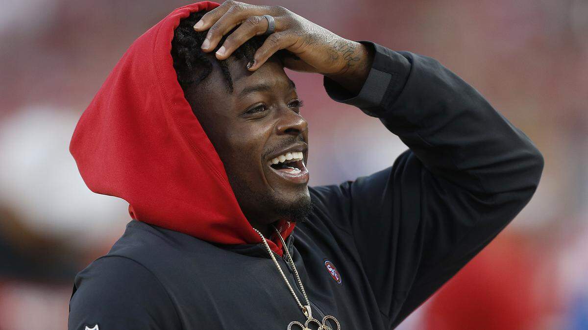 San Francisco 49ers wide receiver Marquise Goodwin watches during an NFL preseason football game against the Los Angeles Chargers in Santa Clara, Calif., Thursday, Aug. 30, 2018.