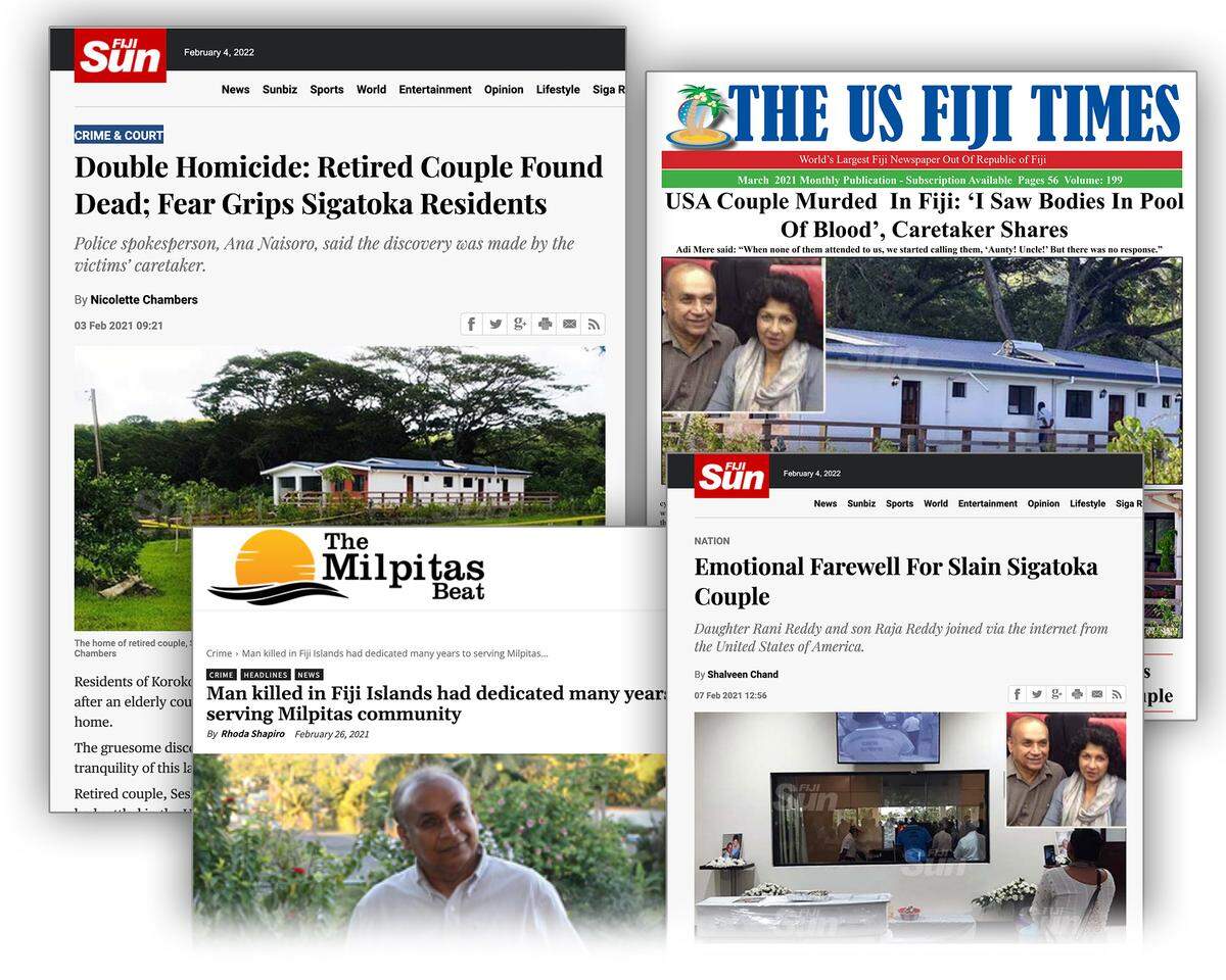 News organizations in Fiji and the U.S. reported on the 2021 double homicide of Sesha Reddy and Mirdu Lata Chandra in Fiji.