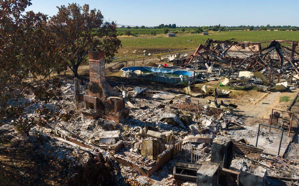 The chimney is all that remains of the home that once stood at the Esparto fireworks explosion site on July 18, the first day the evacuation order and area road closures were lifted.