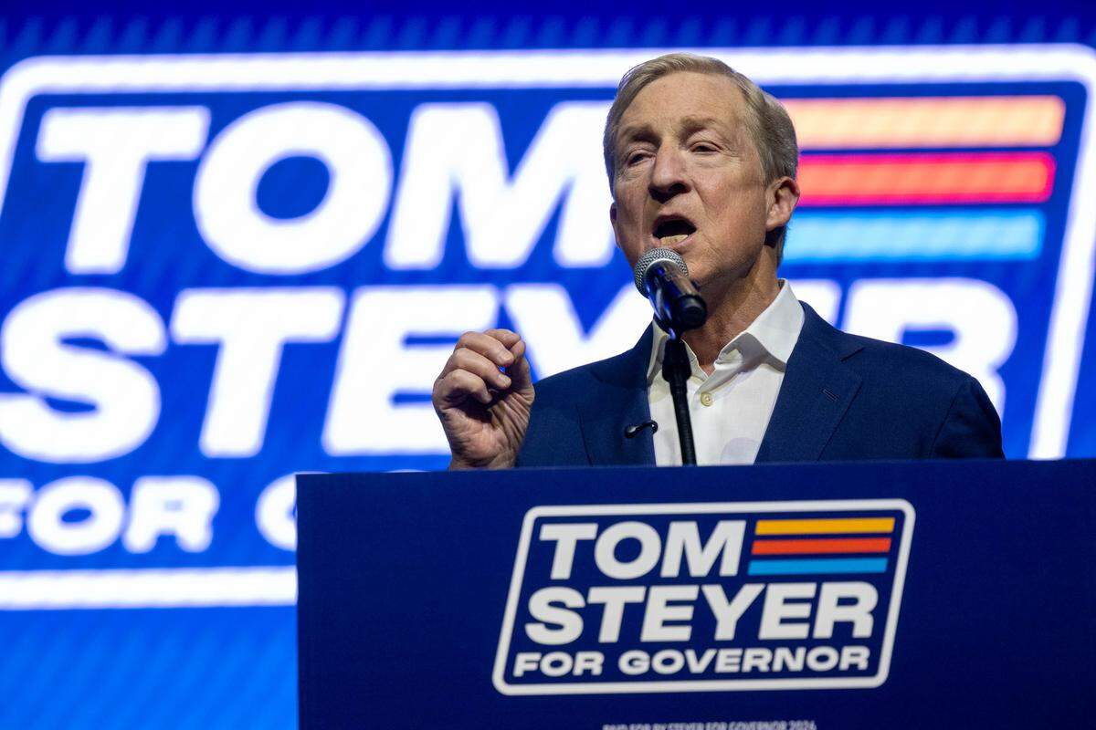California gubernatorial candidate Tom Steyer speaks during a election night watch party at the Regency Ballroom in San Francisco on Tuesday, June 2, 2026.
