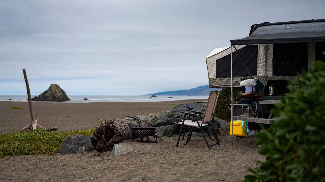 A campsite at Wright’s Beach, one of the most prized camping reservations in the California State Parks system, takes advantage of the beachfront location in 2022. Several California residents have sued the Texas company managing ReserveCalifornia for adding hidden fees.
