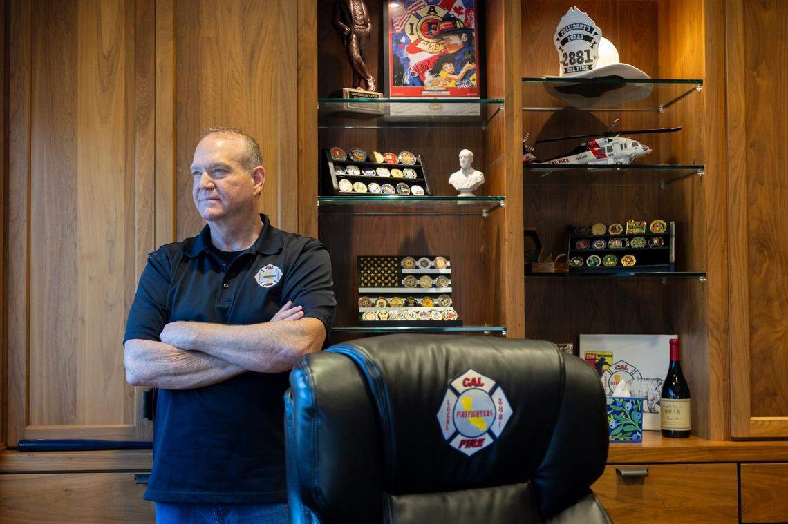 Tim Edwards, president of Cal Fire Local 2881, stands in his office in Sacramento earlier this month. The state is preparing to undergo a major shift in how its firefighters work, shifting from a 72-hour to a 66-hour workweek.