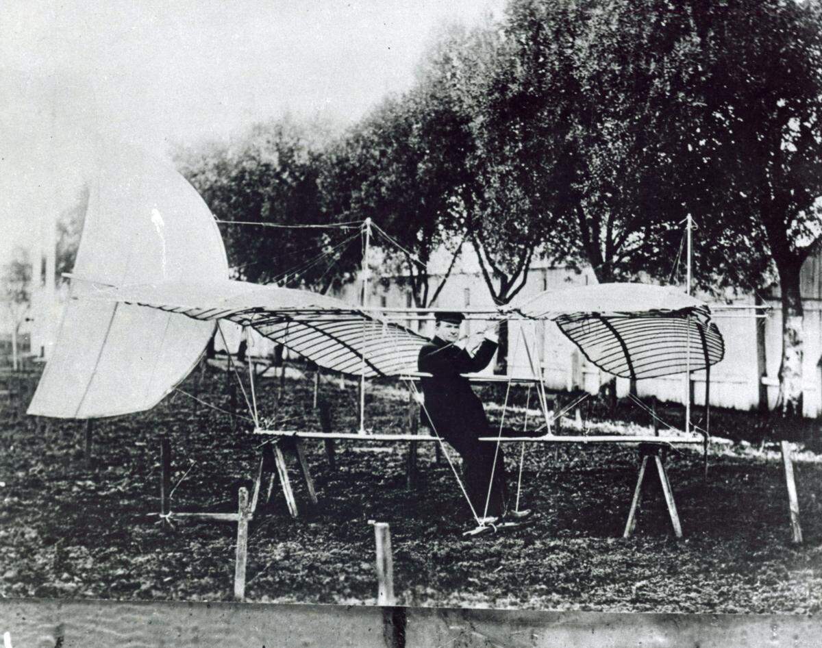 John Montgomery sits at the controls of his 1903-04 bamboo tandem wing model, with his feet on the stirrup control and his right hand on the control for the tail assembly’s vertical movement. Montgomery, a Sutter County native, is considered one of the pioneers of controlled flight.