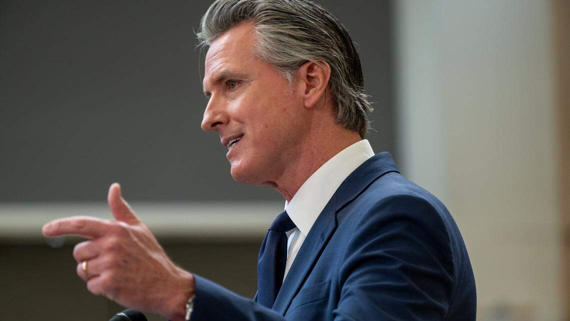 Gov. Gavin Newsom speaks at a California Jobs First news in Turlock in January. President Donald Trump’s tariffs will cost California $16 billion over the next fiscal year, according to a memo obtained from his office ahead of Wednesday’s May revise.