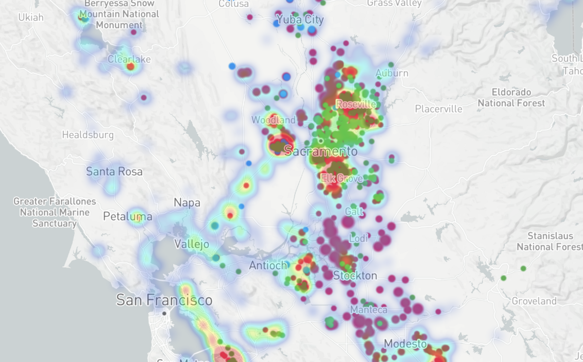 Central Valley surveillance map of mosquitoes (pink), sentinel chicken (blue) and dead birds (green) that tested positive as of Aug. 28, 2019. 