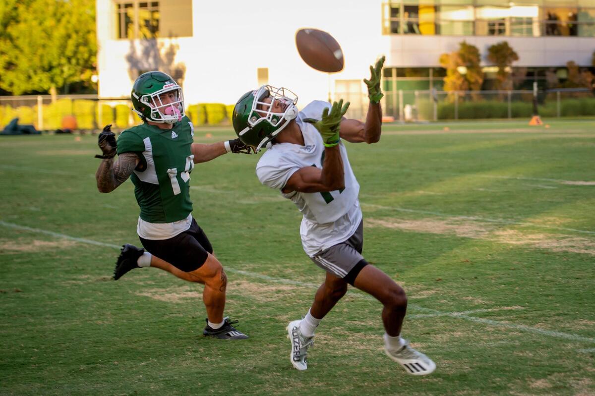 Sacramento State Hornet wide receiver Kyran Griffin-Isom catches the ball past safety Marcus Aponte during practice on July 31.